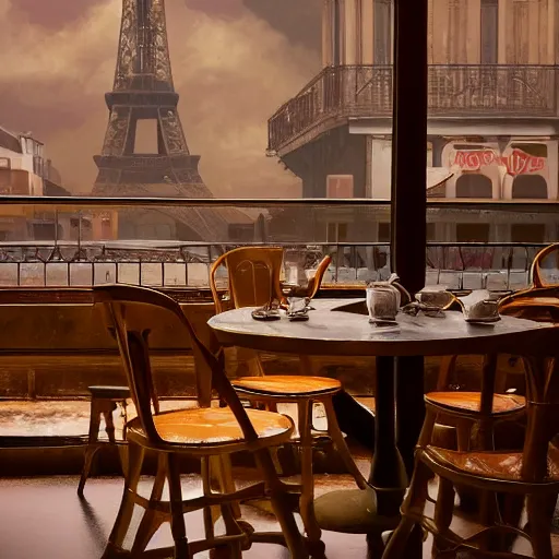 Prompt: brown cat with yellow eyes is sitting at table in a cafe at paris in early 2 0 th century. atmospheric feeling, warm colours, brown colours, yellow colours, epic scene, cinematic, very detailed, octane render