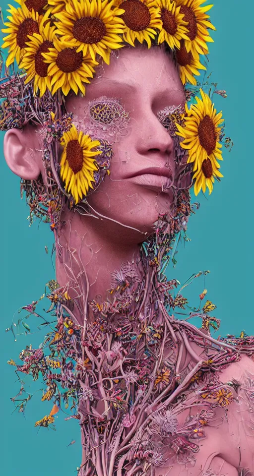 Prompt: cinema 4d colorful render, organic, ultra detailed, of a painted realistic face with growing sunflowers, scratched. biomechanical cyborg, analog, macro lens, beautiful natural soft rim light, smoke, veins, neon, winged insects and stems, roots, fine foliage lace, pink and pink details, art nouveau fashion embroidered, intricate details, mesh wire, computer components, anatomical, facial muscles, cable wires, elegant, hyper realistic, ultra detailed, 8k post-production