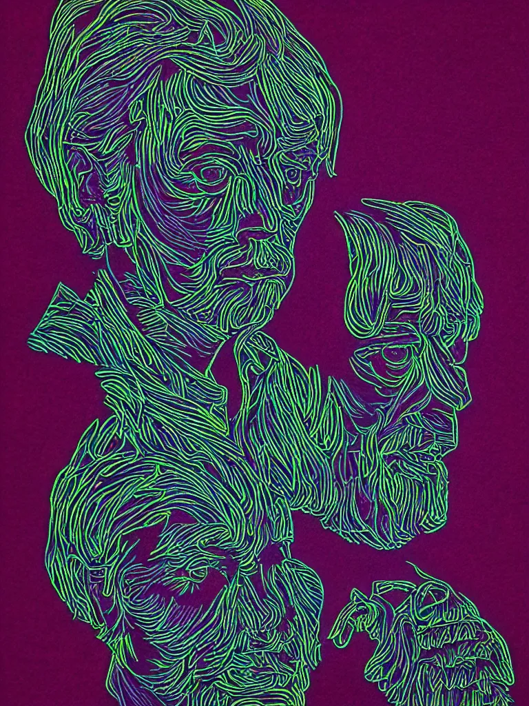Prompt: portrait of alan watts, with a floral pattern background, illustrated with neon colored pencils on black paper