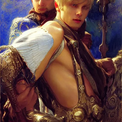 Image similar to stunning arthur pendragon in love with stunning male merlin the mage. they are close to each other. highly detailed painting by gaston bussiere, craig mullins, j. c. leyendecker