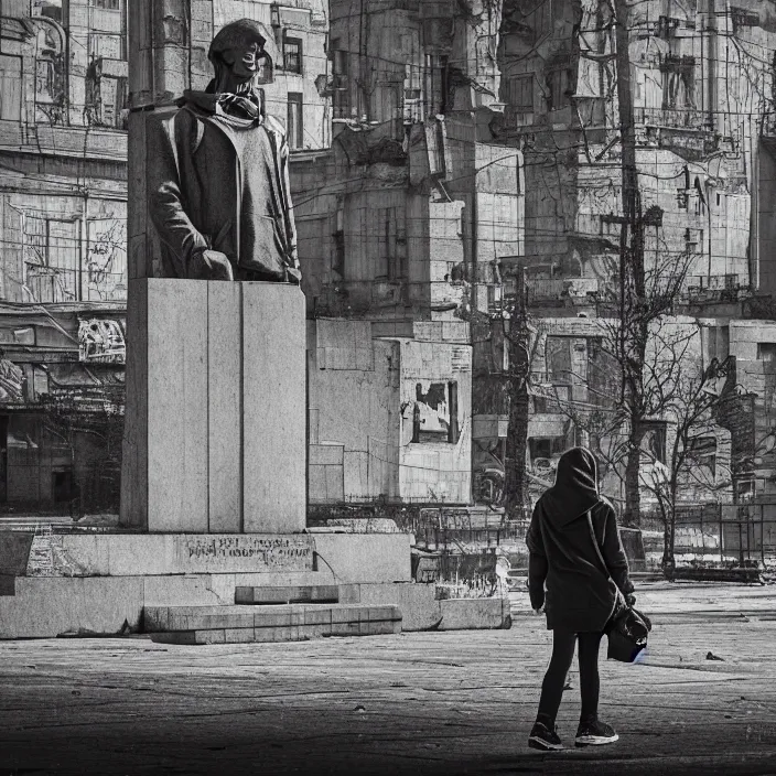 Image similar to storyboard : sadie sink in hoodie sits on bench in ruined square, pedestrians walk by, soviet monument and propaganda posters. scifi cyberpunk. by gabriel hardman. cinematic atmosphere, detailed and intricate, perfect anatomy