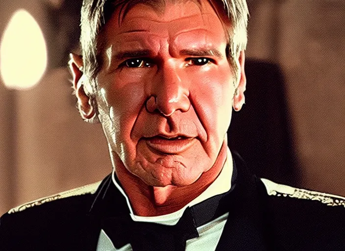 Image similar to screenshot of Harrison Ford dressed up as an imperial officer, iconic scene from 1970s spy thriller film directed by Stanley Kubrick, in a sci-fi shipping port, last jedi, 4k HD, cinematic lighting, beautiful portraits of Han, moody, stunning cinematography, anamorphic lenses, kodak color film stock