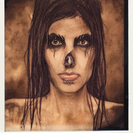 Prompt: full body portrait of a witch with black eyes by Cédric Peyravernay, detailed, instax