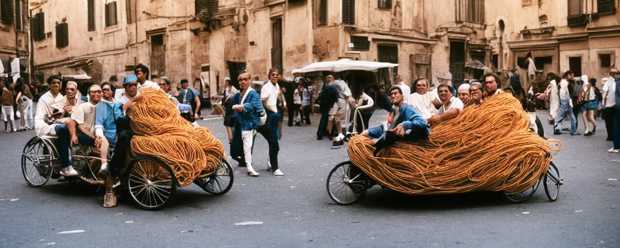 Image similar to a group of people on the streets of rome riding in a car made of spaghetti, canon 5 0 mm, cinematic lighting, photography, retro, film, kodachrome