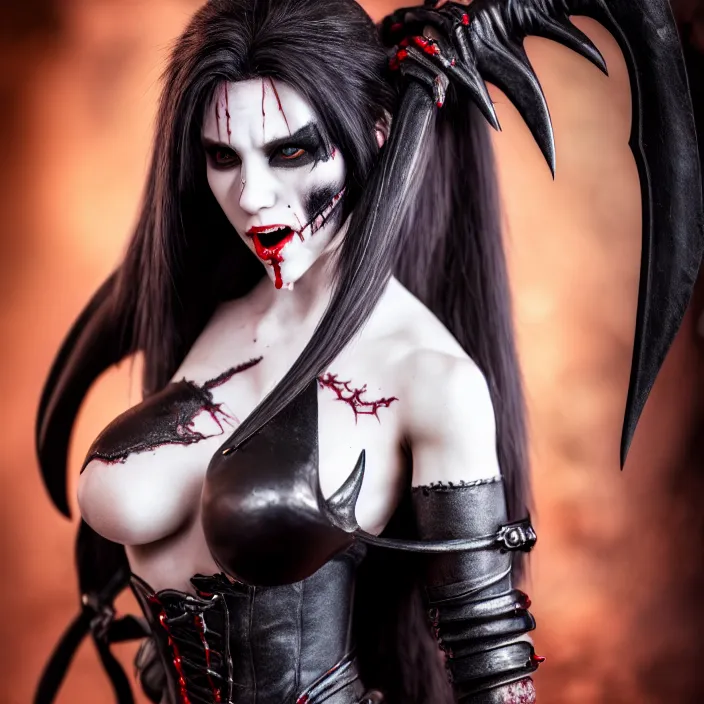 Image similar to photograph of a real-life beautiful! female vampire warrior. Extremely detailed. 8k