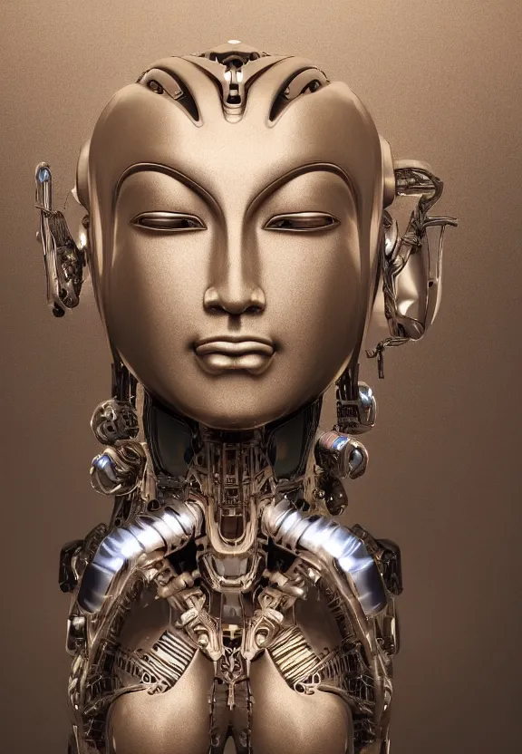 Prompt: perfectly centered portrait, front view of a beautiful biomechanical android alien robot buddha, female, flowing hair, intense stare, sarcastic smile, symmetrical, concept art, intricate detail, volumetric shadows and lighting, octane render, unreal engine,