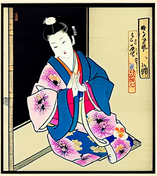 Image similar to madonna the singer in a beautiful kimono holding in her hand a fan, sitting on the floor next to a black and white playing cat, in the background a folding screen with blue irises and a window with bamboo. in the style of bijin - ga.