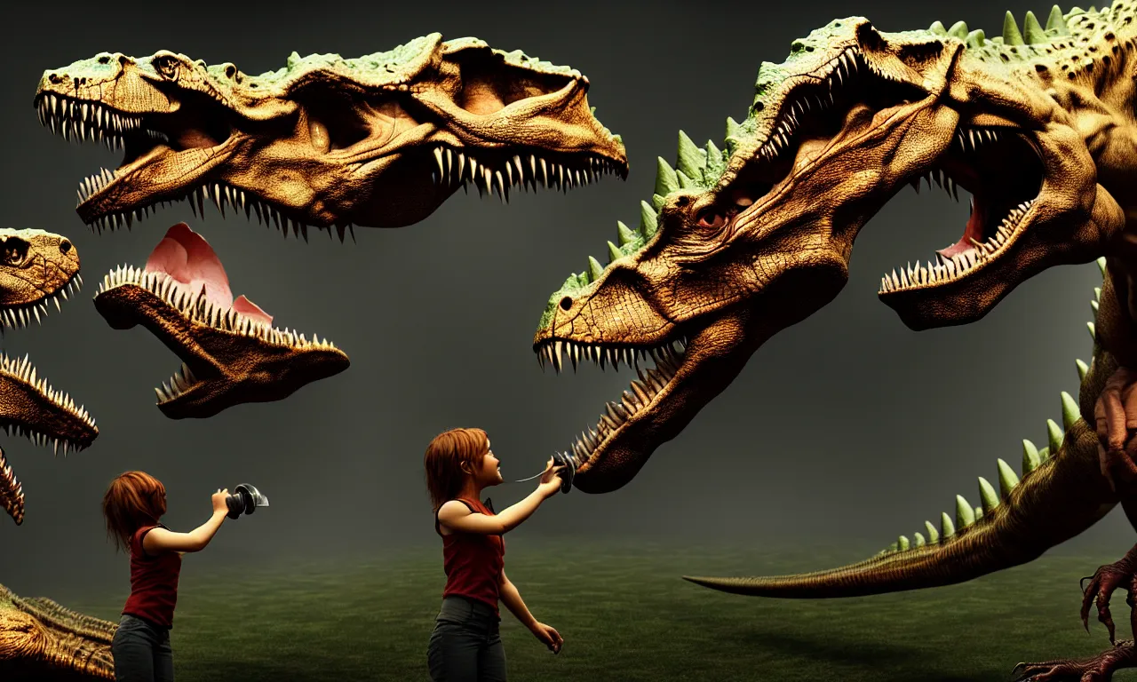 Image similar to cute girl feeding tyranosaur rex, dramatic pose, high details, raytracing, back light, raymarching, by ilm, by digital domain, by weta digital