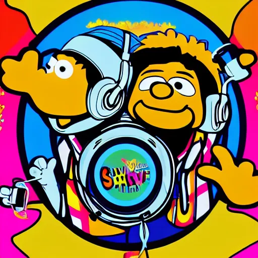 Image similar to svg sticker of a Pop-Wonder Bert&Ernie, Sesame-Street, at a rave, spinning records, giant headphones rocking out, wearing headphones, huge speakers, dancing, rave, DJ, spinning records, digital art, amazing composition, rule-of-thirds, award-winning, trending on artstation, featured on deviantart