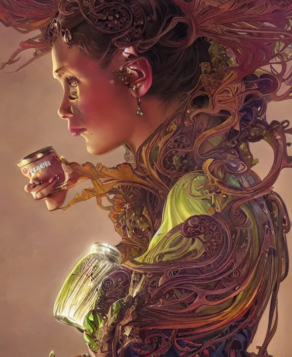 Image similar to monster energy drink, fantasy, intricate, elegant, highly detailed, colorful, vivid color, digital painting, artstation, concept art, art by artgerm and greg rutkowski and alphonse mucha and ruan jia