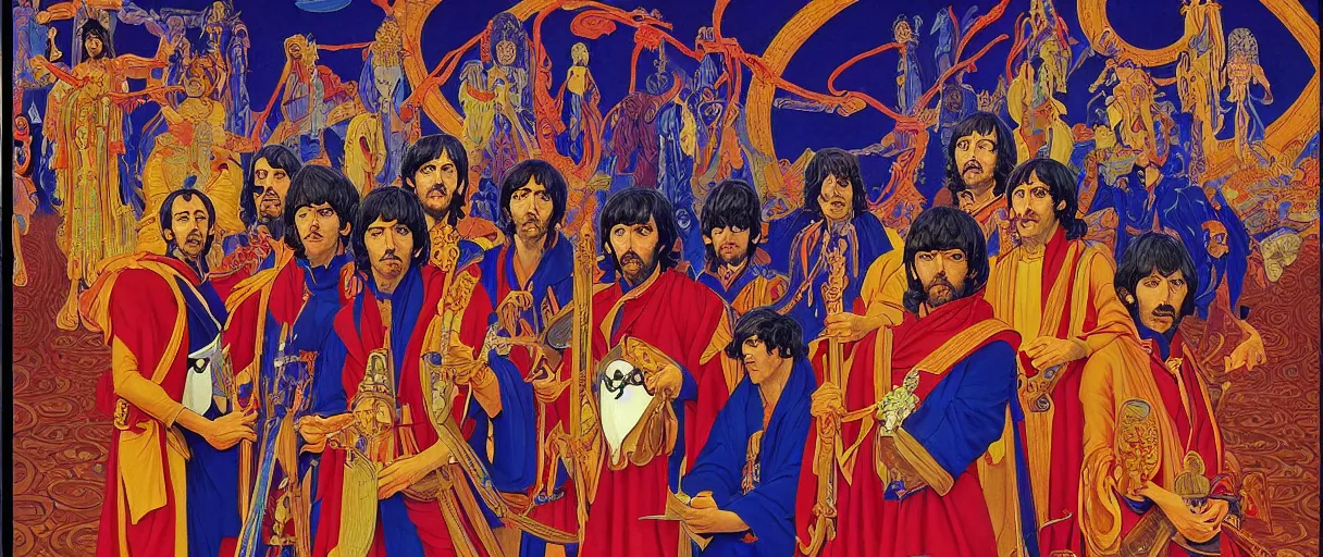 Image similar to a breath - taking jean giraud work of art of the beatles in the style of a renaissance masters portrait, mystical and new age symbolism and tibetan book of the dead imagery, intricately detailed, 4 k