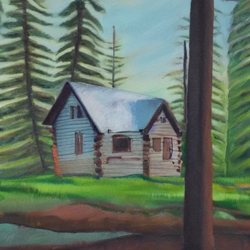 Image similar to a painting of a Eerie cabin in the middle of the woods in the style of 19th century Hudsons bay river school of art