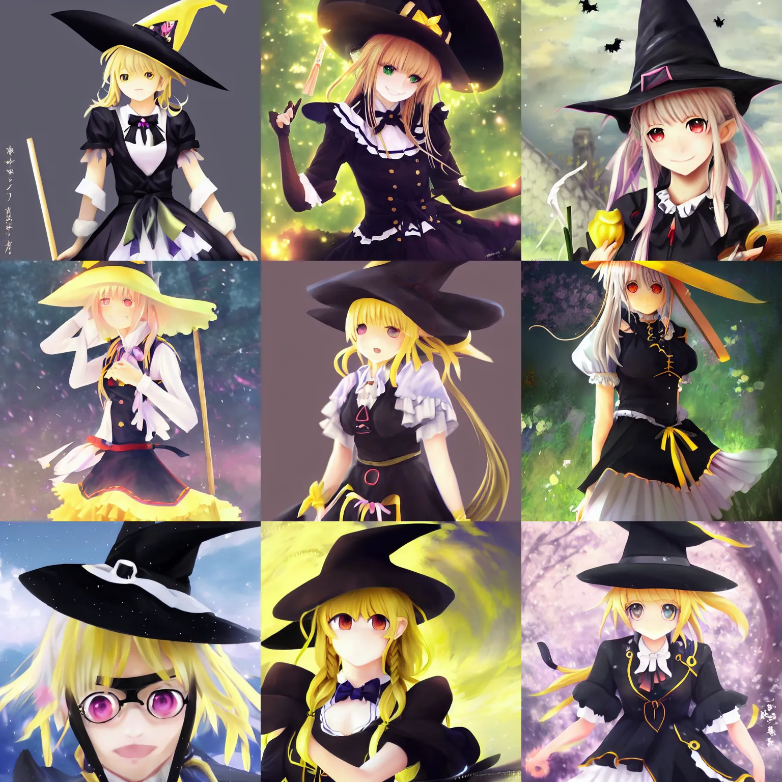 Prompt: pixiv artwork portrait of cute witch marisa kirisame from touhou project, marisa kirisame touhou artwork black black hat hat broom blonde hair ultradetailed sparkling yellow eyes maid dress white apron by greg rutkowski makoto shinkai sakimichan key art 4 k 8 k ultrahd trending award winning