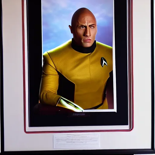 Prompt: a full body portrait of the rock as a star fleet officer from star trek next generation dressed in full uniform, ultra rendered extreme realism and detail, 8 k, highly detailed, realistic, completely framed, hyper realistic, colorful, direct lighting, 3 5 mm photo, photorealistic, sharp focus