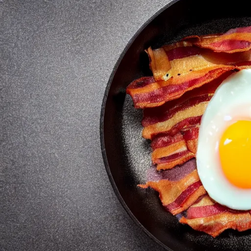 Image similar to high tech, low life, cyberpunk bacon and eggs in pan, closeup, close angle, dramatic lighting