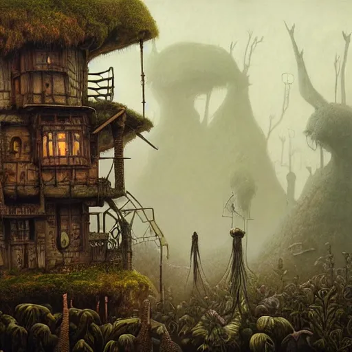 Image similar to a hyperrealistic painting of a steampunk cottage in the middle of an alien jungle, by john kenn mortensen and zdzislaw beksinski, highly detailed, vivid color,