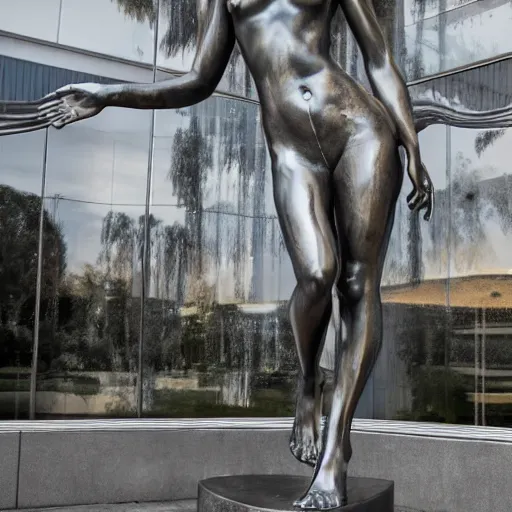 Prompt: aniston full body, statue, chrome, reflect, photograph