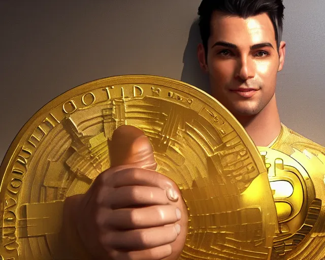 Image similar to attractive oiled up glossy man posing in front of a huge golden bitcoin, angelic light, commercial by annie liebovitz, gaston bussiere, craig mullins, j. c. leyendecker, photorealistic, trending artstation, 8 k, smooth