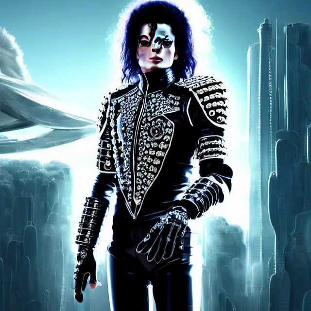 Image similar to beautiful!! futuristic cyberpunk michael jackson angel warrior with ornate slick pearl armor, highly detailed 8 k hdr smooth sharp focus high resolution award - winning photo photorealistic
