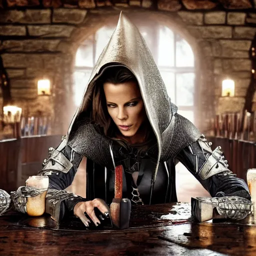 Prompt: Kate Beckinsale is sitting near a round table with beer mugs, a dagger stuck in table, a map and lockpics on it. She is dressed as a fantasy thief in light black armor, a hooded cloak. She is looking straight ahead, her eyes wide open, her mouth slightly parted. She looks mysterious and mystical. The tavern is hard to see because of the smoke and the smoke of a large fireplace and torches. Fantasy art, high detail, 4k