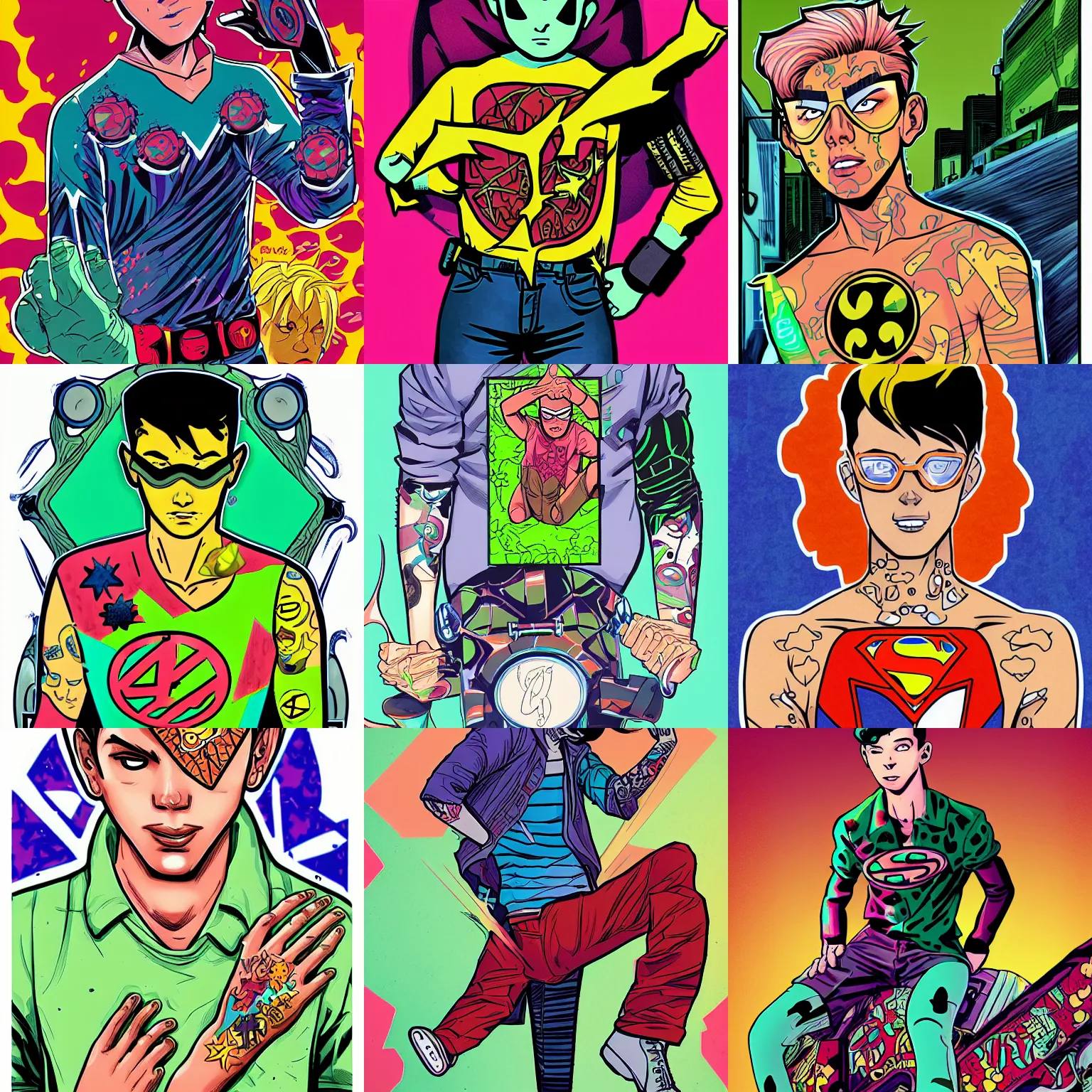 Prompt: tatoo teen boy with acid super power, by Gabriel Picolo