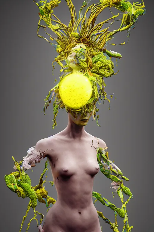 Image similar to an epic non - binary model, subject made of cracked clay, vine headdress, cables all over body, with yellow and green bubbles bursting out, delicate, beautiful, intricate, melting into jolteon, houdini sidefx, by jeremy mann and ilya kuvshinov, jamie hewlett and ayami kojima, bold 3 d