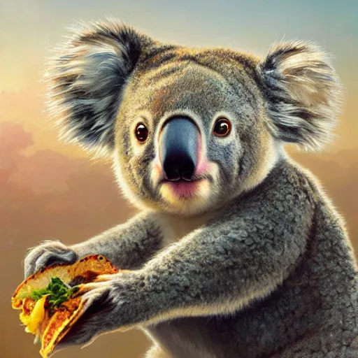 Prompt: highly detailed portrait of koala eating a taco, stephen bliss, unreal engine, fantasy art by greg rutkowski, loish, rhads, ferdinand knab, makoto shinkai and lois van baarle, ilya kuvshinov, rossdraws, tom bagshaw, alphonse mucha, global illumination, radiant light, detailed and intricate environment