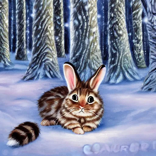 Image similar to hybrid animal mix between cute fluffy tan lop eared bunny rabbit and fluffy grey striped tabby kitten in winter forest landscape detailed painting 4k