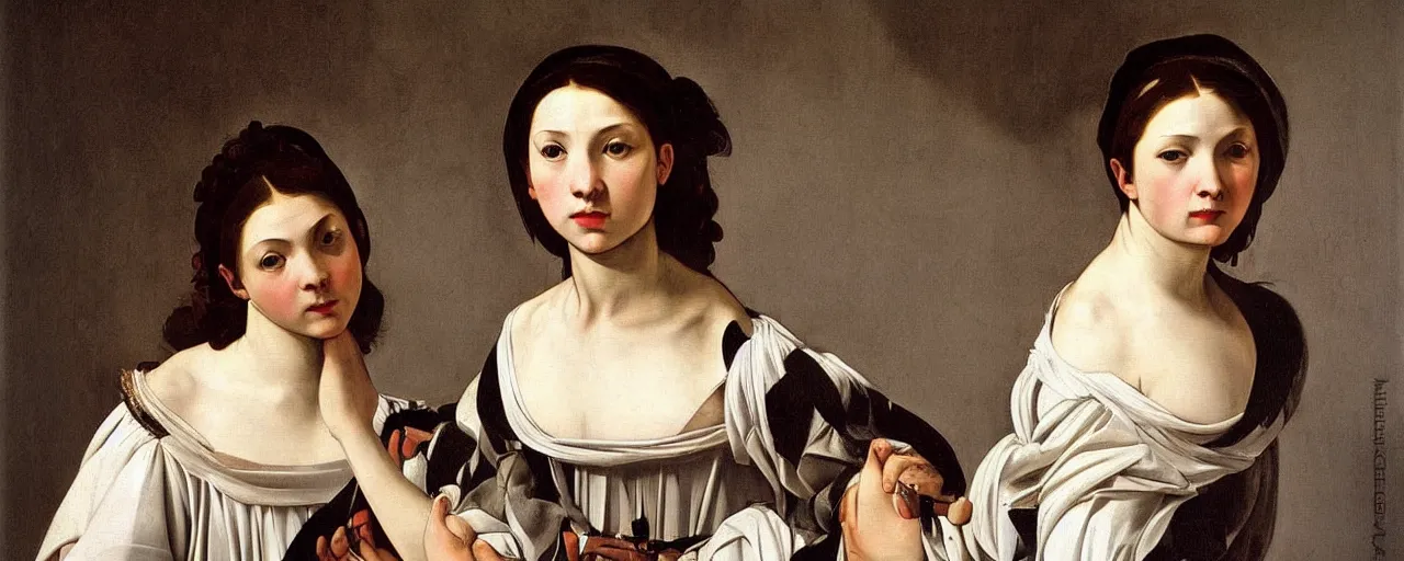 Image similar to painting by caravaggio, young woman in baroque dress, detailed, stunning