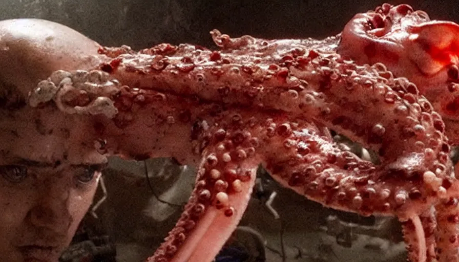 Image similar to Big budget horror movie, a squid bloodily rips out a man's intestines while a cyborg watches an octopus