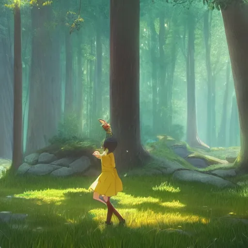 Image similar to concept art painting of an anthropomorphic chubby doe wearing yellow dress, in the deep forest, realistic, detailed, cel shaded, in the style of makoto shinkai and greg rutkowski and james gurney