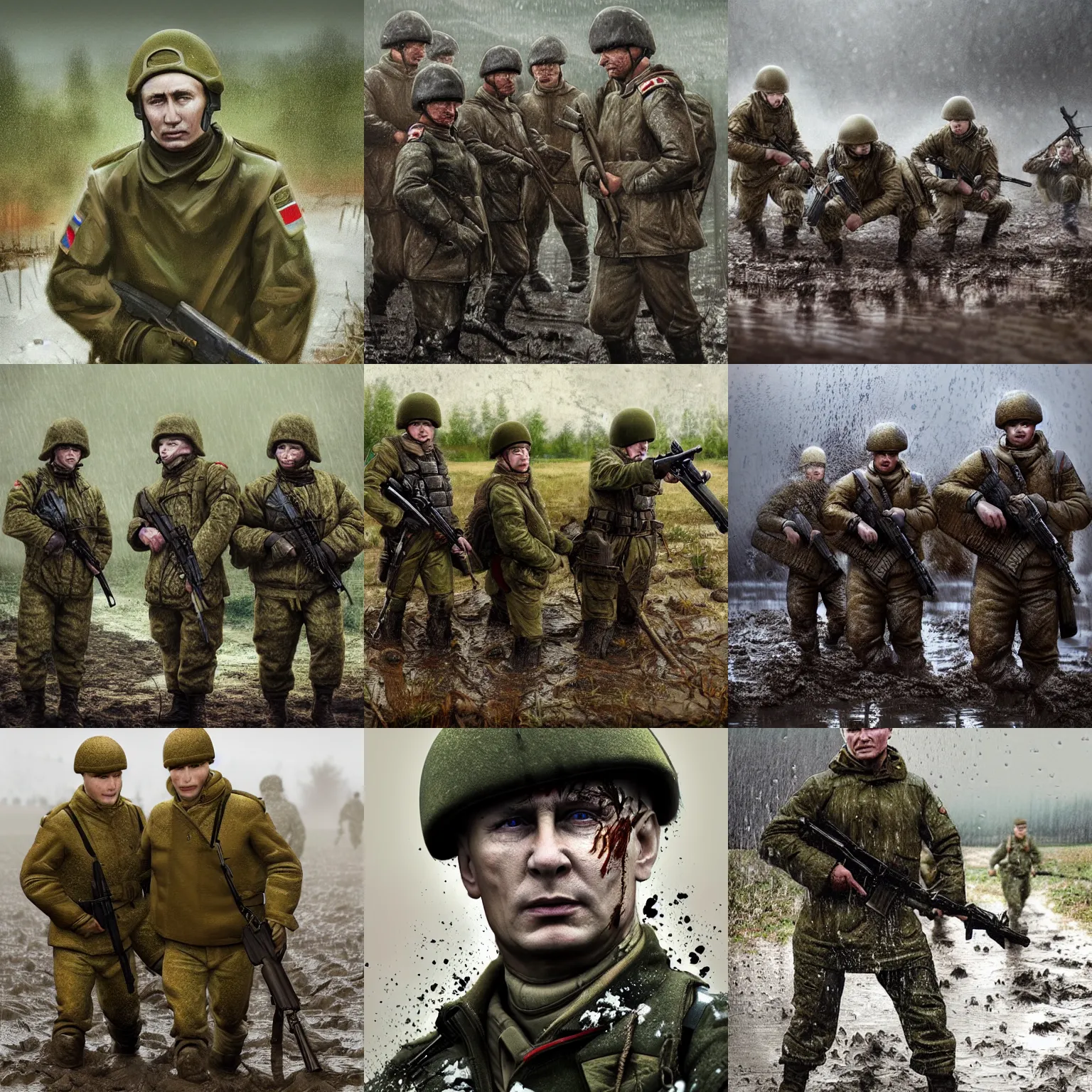 Prompt: Russian army infantry soldiers, with Vladimir Putin, stuck in mud, dirty, despair, raining, trending on artstation, photorealistic