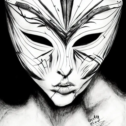 Prompt: an ink drawing of cracked, broken white tragedy mask, deviant art, artgerm