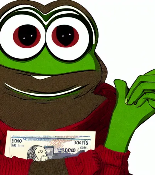 Image similar to pepe holding money, realistic, frame from the movie, hyper detailed, dramatic light