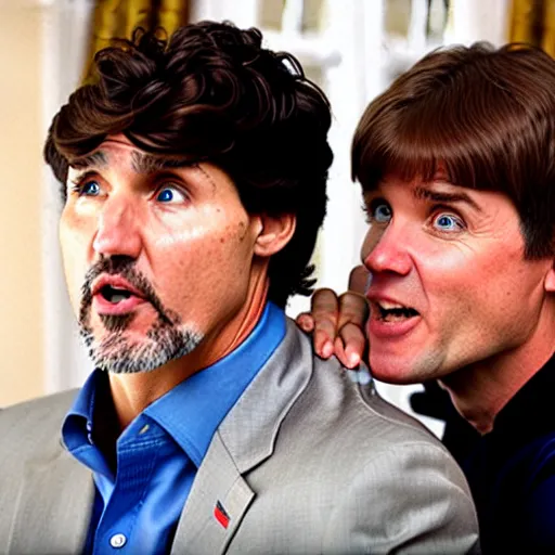 Image similar to A still of Justin Trudeau in Dumb and Dumber, realistic