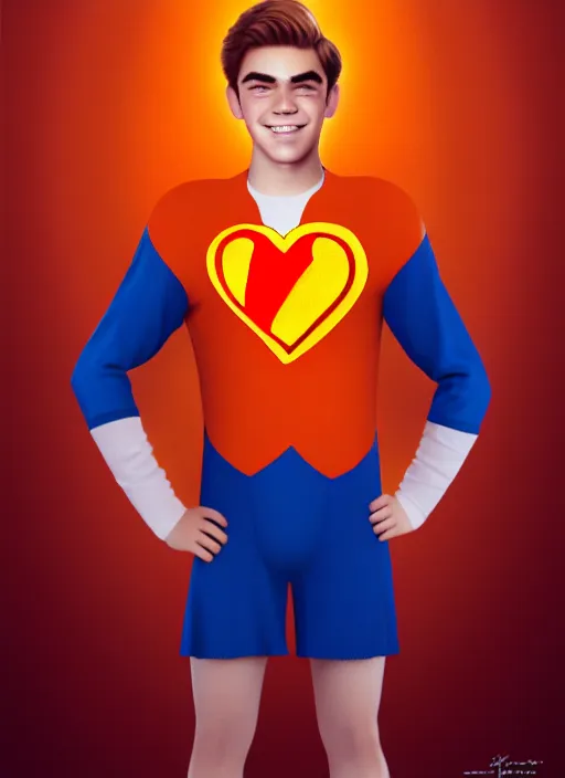 Image similar to friendly teenage archie andrews wearing an orange superhero costume with heart logo, heart, orange costume, blue cape, freckles, cape, heart emblem on chest, heart, blue cape, intricate, elegant, glowing lights, highly detailed, digital painting, artstation, sharp focus, illustration, art by wlop, mars ravelo and greg rutkowski