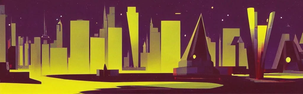 Image similar to sci - fi city with floating faceted angular buildings, modernism, gouache, animated film, stylised, illustration, by eyvind earle, scott wills, genndy tartakovski, syd mead