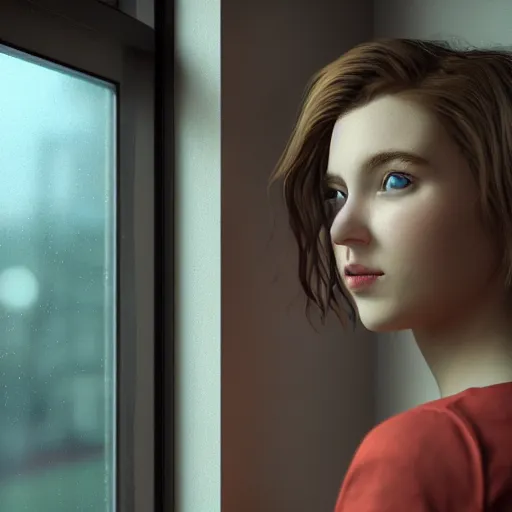 Image similar to girl looking at rainy window, fine art style, octane render, hyper realistic, hi definition, unreal engine, fantasy theme, 8 k