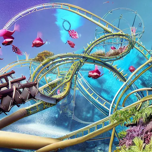 Image similar to underwater roller coaster, photorealistic, detailed