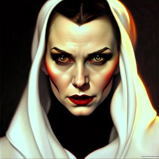 Prompt: close up face of a beautiful bond female VAMPIRE portrait, oil on canvas, artgerm, norman rockwell, craig mulins, trending on pxiv,