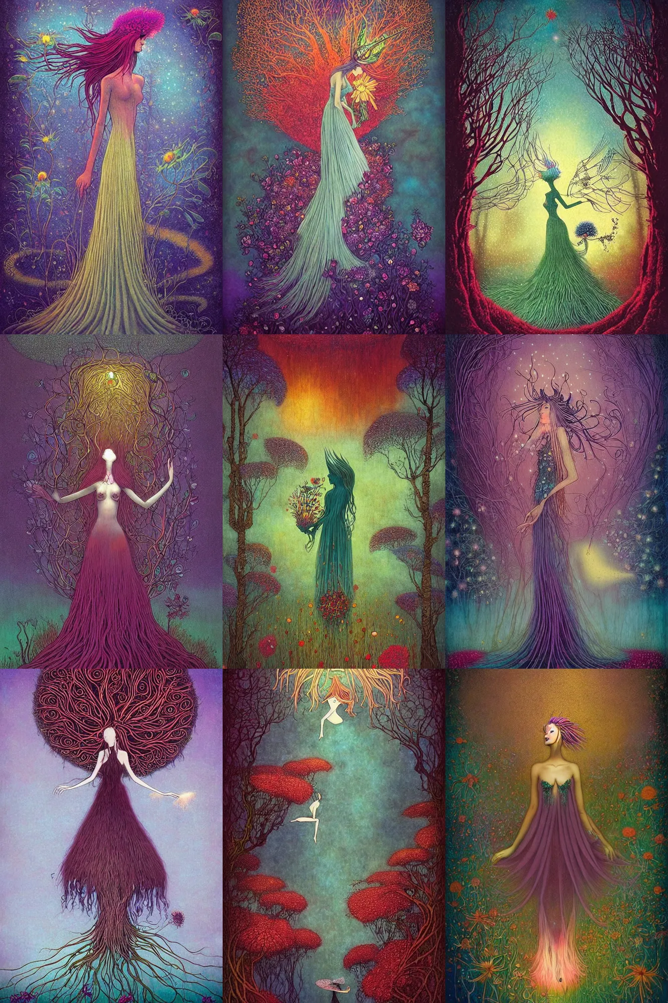Prompt: surreal, Titania, Queen of the Fairies, nostalgia for a fairytale, magic realism, flowerpunk, mysterious, vivid colors, magic realism. by andy kehoe, amanda clarke, by moebius.