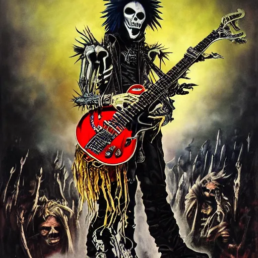 Prompt: a portrait of the grim reaper as a punk rocker playing an electric guitar, punk, skeleton face, mohawk, dark, fantasy, leather jackets, spiked collars, spiked wristbands, piercings, boots, ultrafine detailed painting by frank frazetta and vito acconci and michael whelan and takeshi obata, death note style, oil on canvas