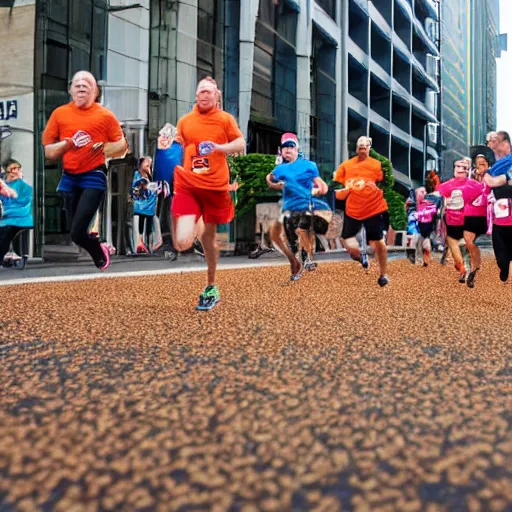 Prompt: people running from a baked bean tsunami in a city