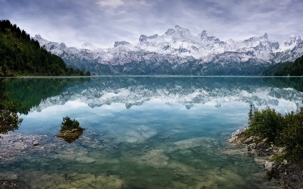 Image similar to the alps and reflection in a lake in the style of georgia o keefe