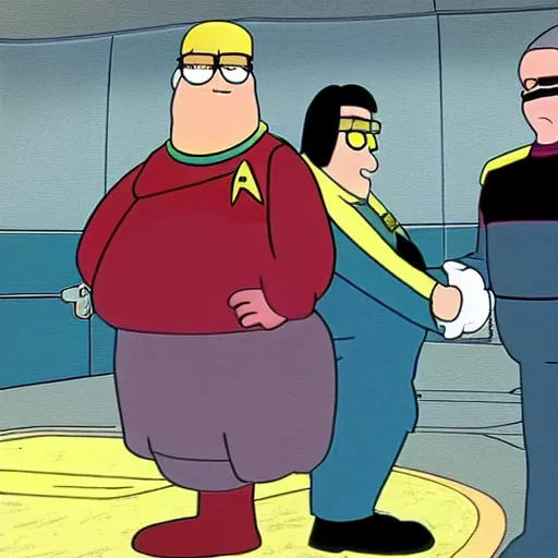 Prompt: Peter Griffin in Star Trek Next Generation, Peter Griffin becomes on with the Star Trek crew, Realistic, HDR, HDD, Real Image from Star Trek Next Generation, Real Event.