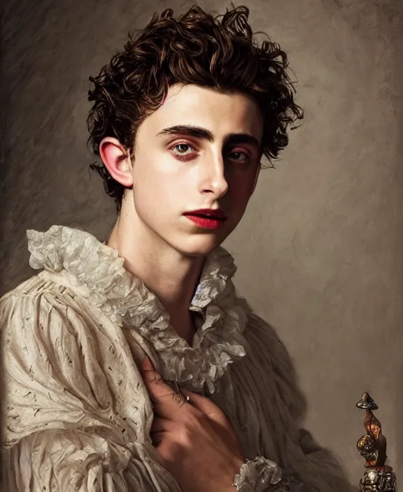 Prompt: portrait of timothee chalamet as her majesty the queen of england, art by! dream portrait of idris elba as a kansas farmer, art by william hogarth and tom bagshaw and alfred sisley, hyperrealism