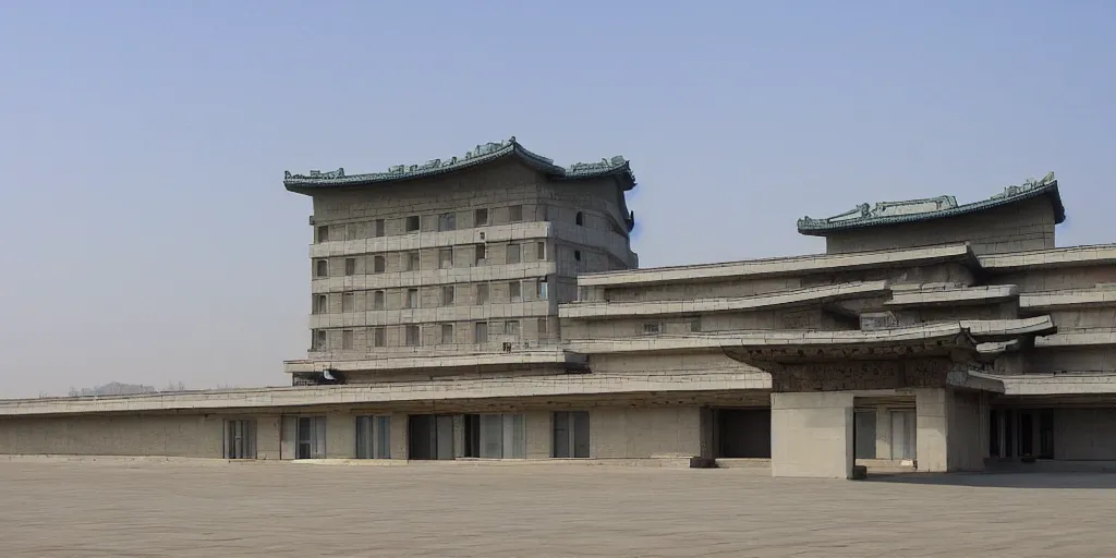 Image similar to North Korean architecture, large space, sunny day