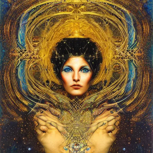 Image similar to Divine Chaos Engine by Karol Bak, Jean Deville, Gustav Klimt, and Vincent Van Gogh, beautiful visionary mystical portrait, sacred, otherworldly, fractal structures, ornate gilded medieval icon, third eye, spirals