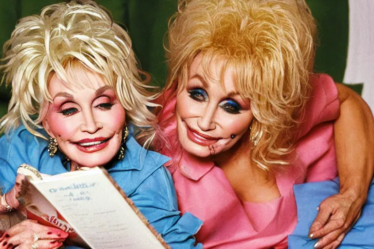 Image similar to portrait of dolly parton reading a bedtime story to jim carrey in bed,