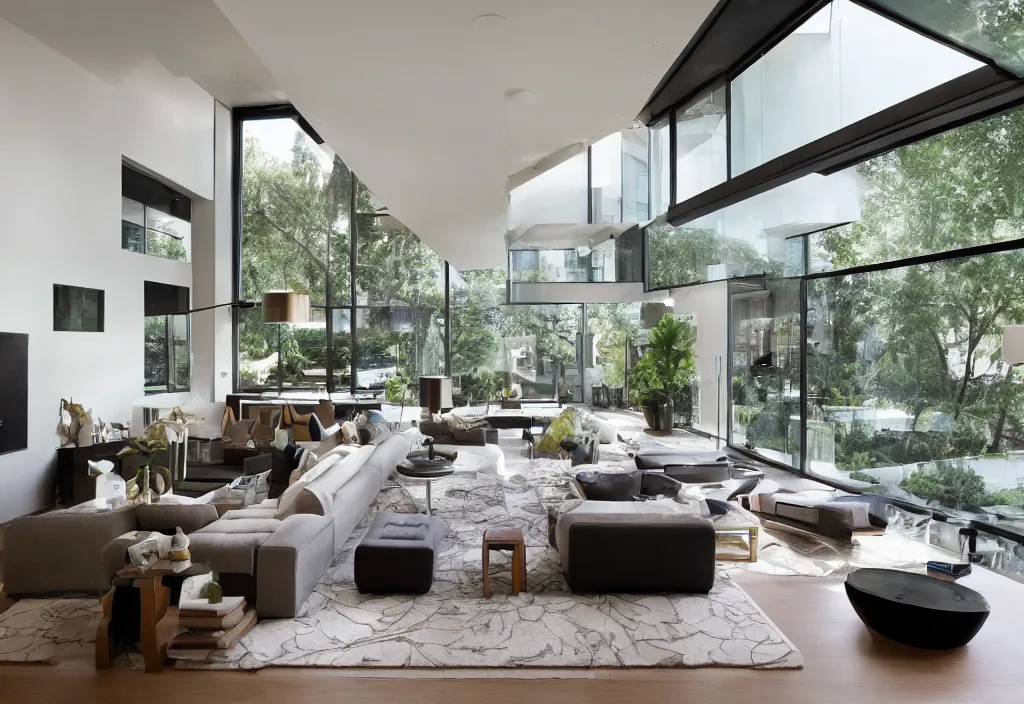 Image similar to a modern interior design, living room, residential design, floor - to - ceiling windows, by bobby berk, trending ，